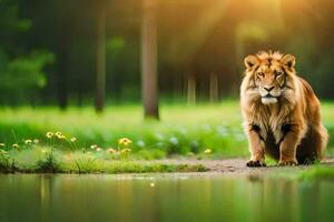 a lion is standing in the grass near a pond. AI-Generated photo