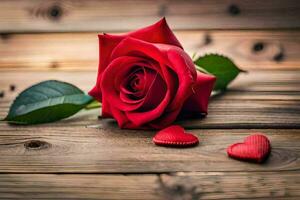 un rojo Rosa y dos corazones en un de madera mesa. generado por ai foto