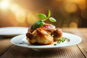 un pollo en un plato con un verde hoja. generado por ai foto