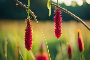 red flowers hanging from a branch in a field. AI-Generated photo