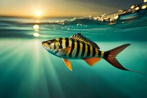 un pescado nadando en el Oceano con el Dom brillante. generado por ai foto