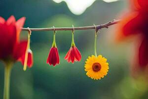 red and yellow flowers hanging from a branch. AI-Generated photo