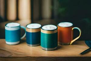 four colorful coffee cups on a table. AI-Generated photo