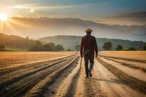 a man walking down a dirt road in the middle of a field. AI-Generated photo