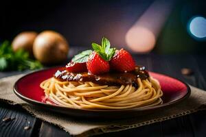 spaghetti with meat sauce and strawberries on a plate. AI-Generated photo