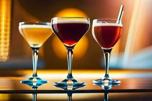 three glasses of different colored drinks on a table. AI-Generated photo