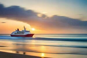 un rojo barco en el playa a puesta de sol. generado por ai foto