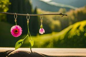 two pink flowers hanging from a branch with mountains in the background. AI-Generated photo