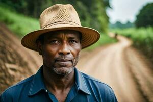a man in a hat stands on a dirt road. AI-Generated photo