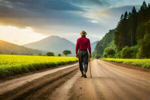 un hombre caminando abajo un suciedad la carretera con un caña. generado por ai foto