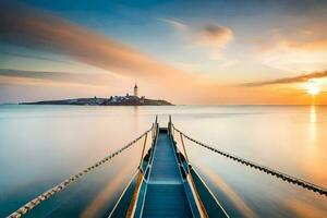 a pier leads to a lighthouse at sunset. AI-Generated photo