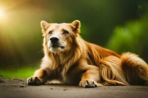 a golden retriever sitting on the ground in the sun. AI-Generated photo