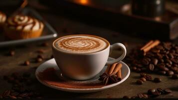 A cup of coffee with latte art spiral shape foam on a table with many coffee beans around it. AI Generated photo