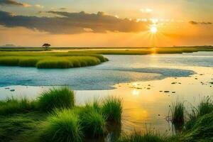 the sun rises over the marsh. AI-Generated photo