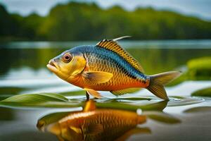 a fish is standing on the water with its reflection. AI-Generated photo