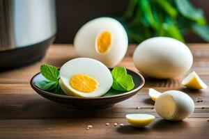 a bowl of boiled eggs and a pot of instant pot. AI-Generated photo