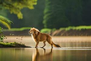 a lion standing on the shore of a river. AI-Generated photo