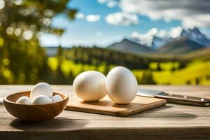 three eggs in a bowl on a table with mountains in the background. AI-Generated photo