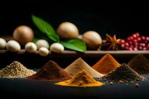 various spices and spices on a black background. AI-Generated photo