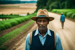 a man in a hat and vest standing on a dirt road. AI-Generated photo