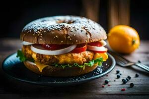 a chicken sandwich with cheese and tomatoes on a black plate. AI-Generated photo