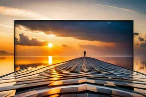 un hombre en pie en un puente mirando a el puesta de sol. generado por ai foto