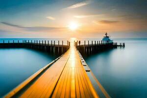 a long exposure photo of a pier at sunset. AI-Generated