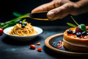 a person is holding a spoon over a cake with berries and blueberries. AI-Generated photo