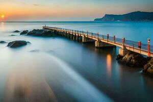 a long exposure photo of a pier at sunset. AI-Generated