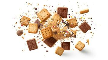 Falling biscuits cookies isolated on white background with clipping path. AI Generated photo