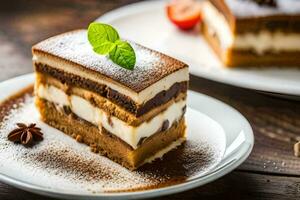 two slices of cake on white plates. AI-Generated photo
