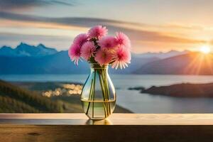 pink flowers in a vase on a table overlooking the mountains. AI-Generated photo
