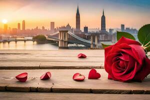 rojo Rosa en el mesa con un ciudad vista. generado por ai foto