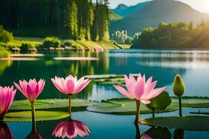 pink lotus flowers in the water with mountains in the background. AI-Generated photo