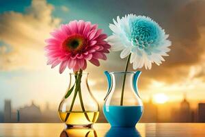 two vases with flowers on a table with a sunset in the background. AI-Generated photo