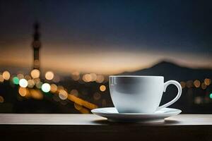 a cup of coffee on a table with city lights in the background. AI-Generated photo