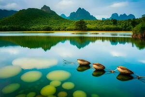 photo wallpaper the sky, mountains, water, mountains, lake, water, mountains, lake,. AI-Generated