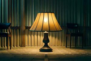 a lamp is sitting on a table in front of two chairs. AI-Generated photo