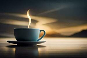 a cup of coffee on a table with a sunset in the background. AI-Generated photo