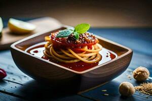 spaghetti with tomato sauce and basil leaves in a wooden bowl. AI-Generated photo