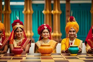 four women in colorful turbans sitting at a table. AI-Generated photo