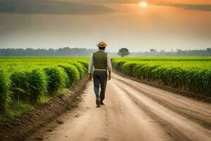 a man walking down a dirt road in a field. AI-Generated photo