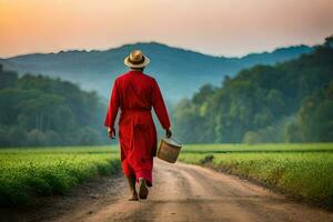 a man in a red robe walks down a dirt road. AI-Generated photo