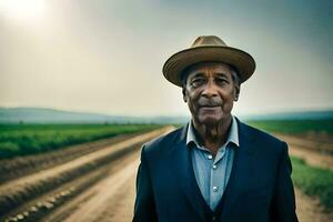 an older man in a hat standing in a field. AI-Generated photo