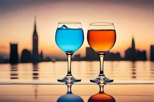 two glasses of wine with a city skyline in the background. AI-Generated photo