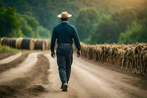 un hombre en un sombrero camina abajo un suciedad la carretera con un manada de ganado. generado por ai foto