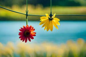 two flowers hanging from a wire near a lake. AI-Generated photo