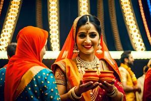 a woman in traditional indian dress holding a red and gold diya. AI-Generated photo