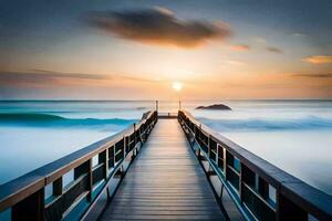 a wooden pier leads to the ocean at sunset. AI-Generated photo