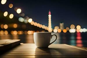 un taza de café en un mesa en frente de un ciudad a noche. generado por ai foto